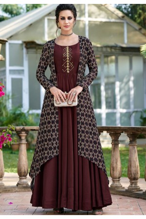 brown shade silk digital printed jacket style long gown 9011