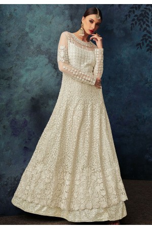 cream net embroidered long anarkali suit 7084