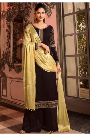 dark brown satin georgette embroidered pakistani palazzo suit 16008