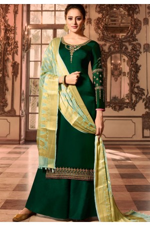 dark green satin georgette embroidered pakistani palazzo suit 16005