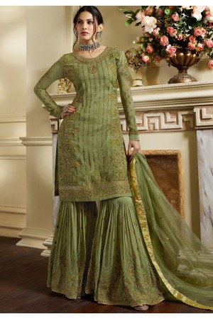 green satin georgette embroidered sharara style pakistani suit 4051