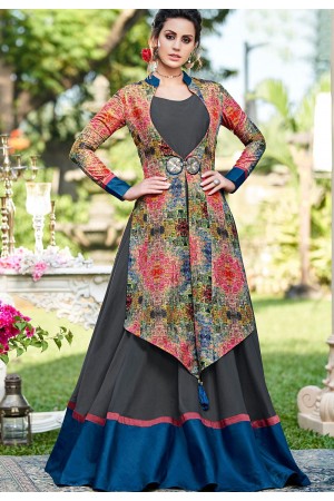 grey blue silk digital printed jacket style gown 9009