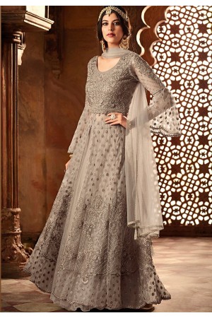 grey net embroidered lehenga style anarkali suit 60004