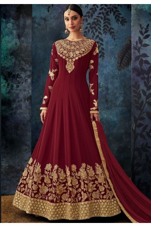 maroon georgette embroidered floor length anarkali suit 7081