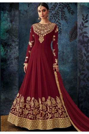 maroon georgette embroidered floor length anarkali suit 7081