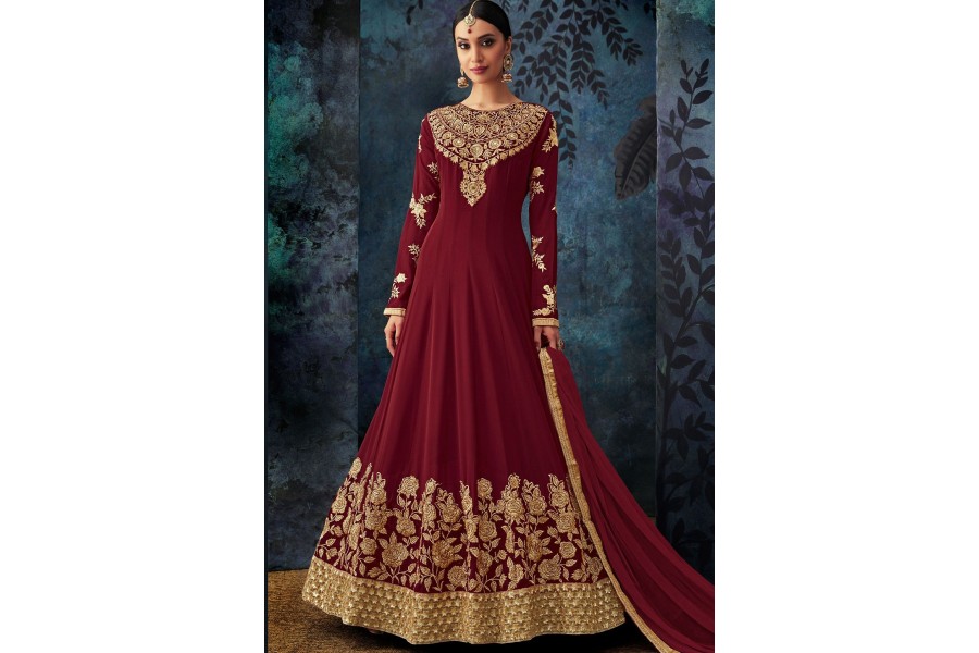 Royal Ivory Anarkali Suit with Maroon Embroidered Dupatta