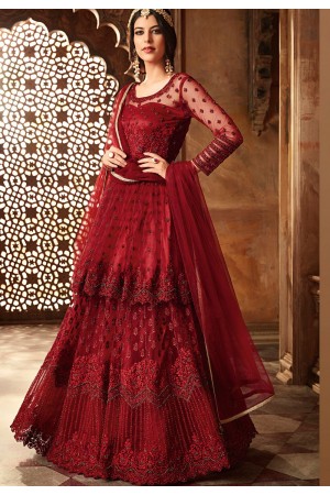 maroon net embroidered lehenga style anarkali suit 60001