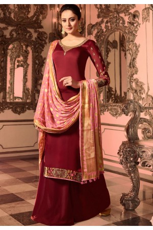 maroon satin georgette embroidered pakistani palazzo suit 16002