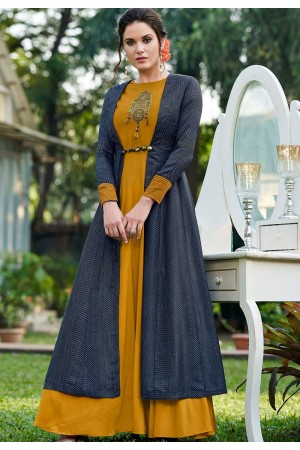 mustard silk party wear long gown 9007