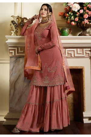 pink satin georgette embroidered sharara style pakistani suit 4053