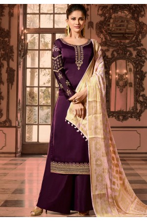 purple satin georgette embroidered pakistani palazzo suit 16006