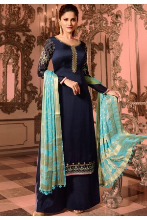 royal blue satin georgette embroidered pakistani palazzo suit 16004