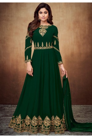 shamita shetty dark green georgette embroidered party wear anarkali suit 8060