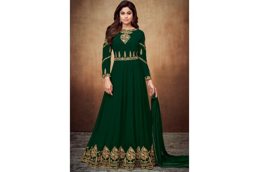 Shamita Shetty Festive Dark Green Silk Anarkali Suit
