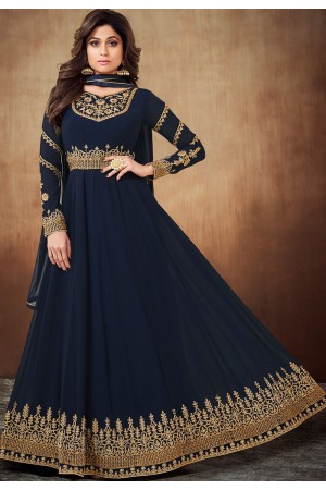 shamita shetty navy blue georgette embroidered party wear anarkali suit 8063