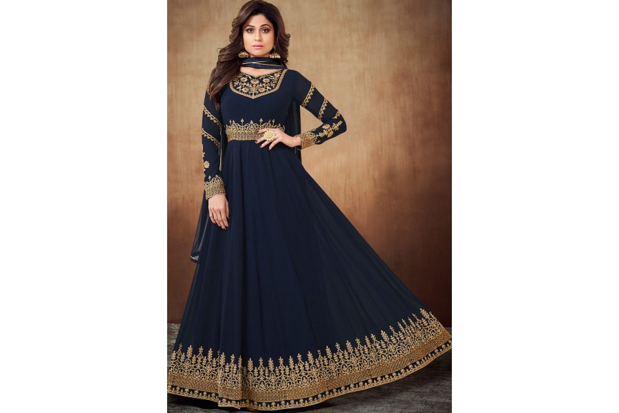 Lovable Maroon Shamita Shetty Embroidered Georgette Anarkali Suit main image 1