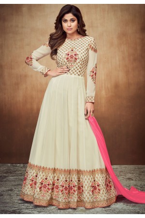 shamita shetty off white georgette embroidered party wear anarkali suit 8062