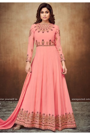 shamita shetty pink georgette embroidered party wear anarkali suit 8059