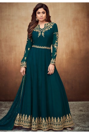 shamita shetty rama blue georgette embroidered party wear anarkali suit 8058