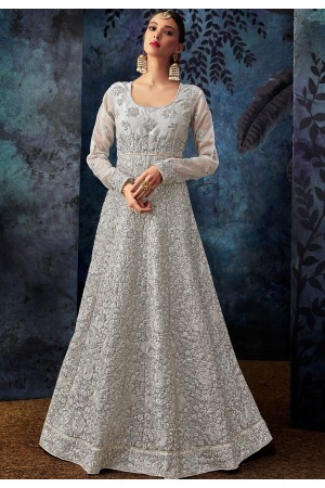 silver organza silk floor length anarkali suit 7082