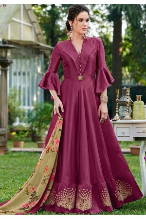 violet silk party wear embroidery floor length gown 9002