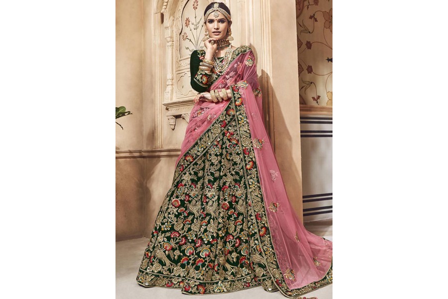 Trendy Green Velvet Embroidered Wedding Lehenga Choli main image 0