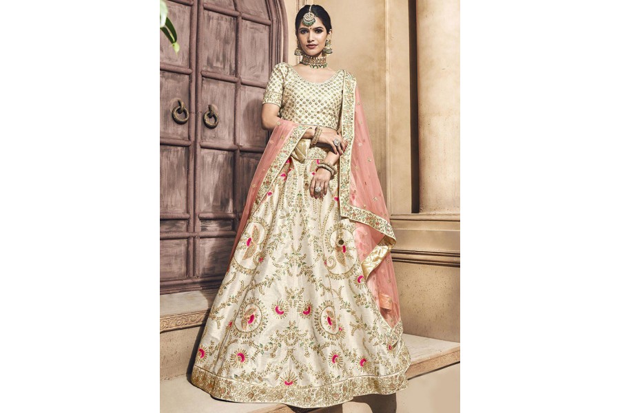 Hand Embroidered Ivory Cape Lehenga Choli in Premium Tissue Silk