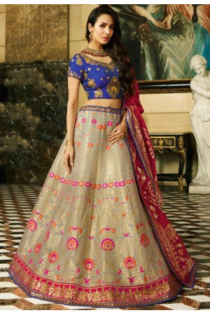 Malaika arora khan Grey blue silk Indian wedding Lehenga choli 13198