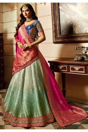 Malaika arora khan sky blue Pink silk Indian wedding Lehenga choli 13195