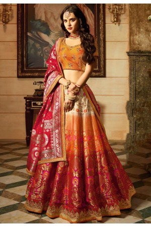 Offwhite Orange red silk Indian wedding Lehenga choli 13197