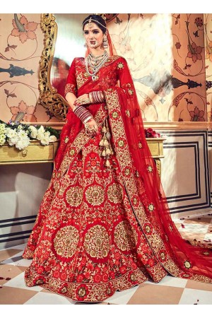 Red satin embroidered heavy designer Indian wedding lehenga choli 4708