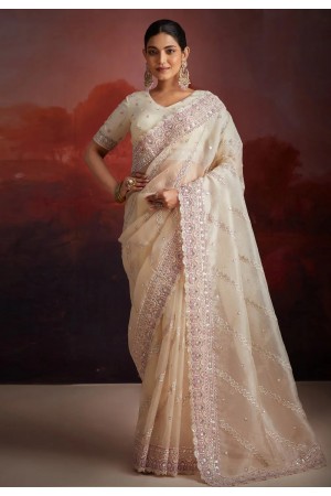 Cream net saree with blouse 97003