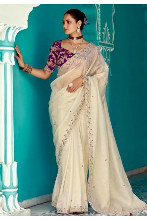Cream organza saree with blouse 2191