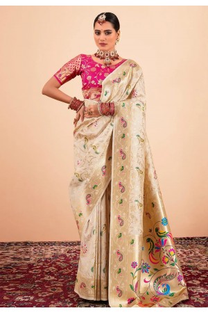 Cream silk paithani saree 191001