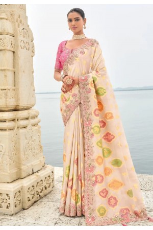 Cream silk saree with blouse 7007
