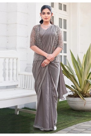 Grey satin silk designer lehenga saree 25200