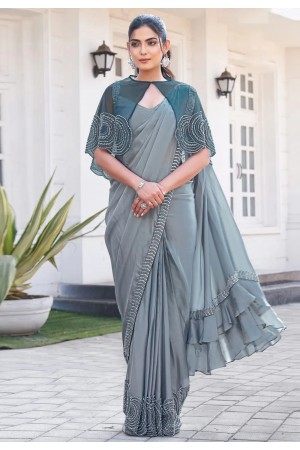 Grey satin silk saree with blouse 25203