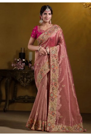 Peach organza saree with blouse 25009