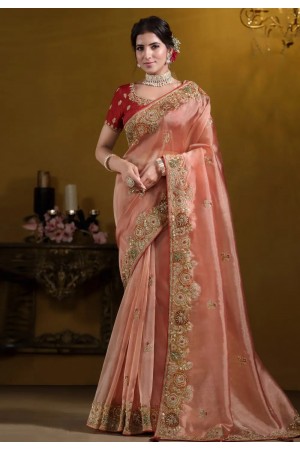 Peach tissue saree with blouse 25006