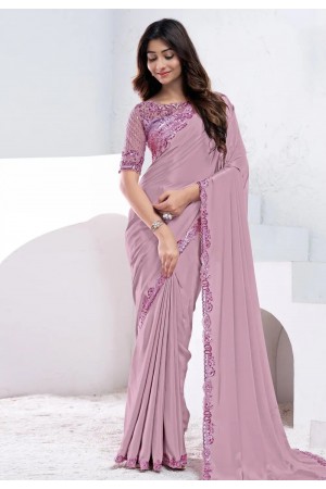 Pink crepe silk saree with blouse 44011