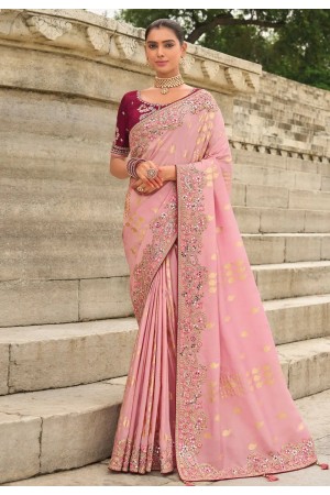 Pink silk saree with blouse 7003