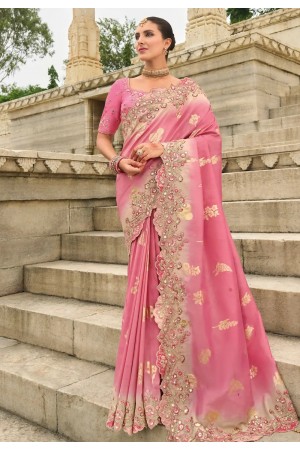 Pink silk saree with blouse 7009