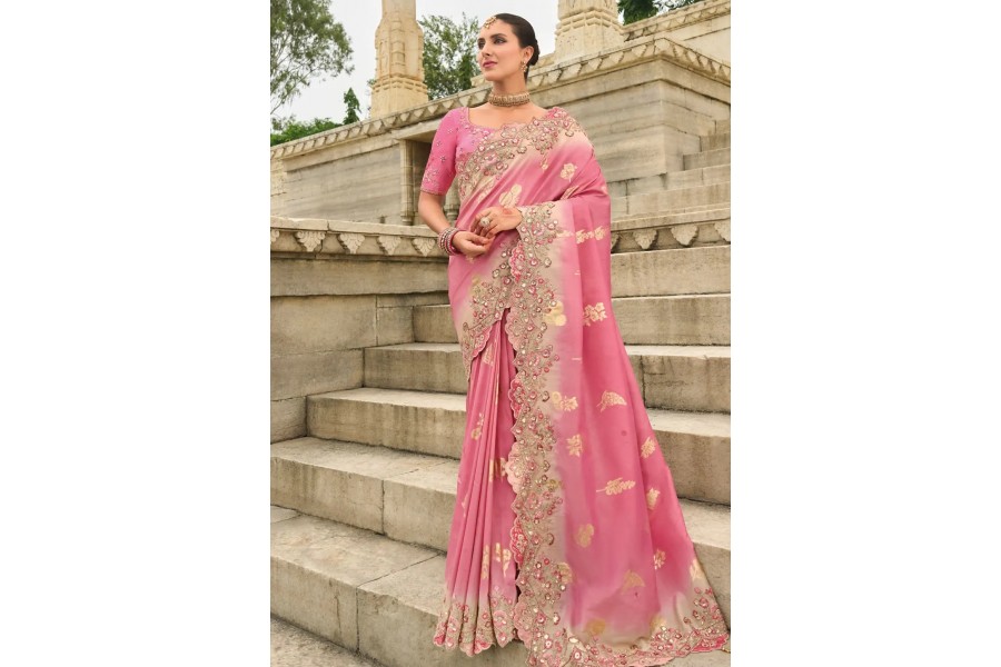 Women's Satin Silk Pink Embellished Designer Saree With Blouse Piece main image 0