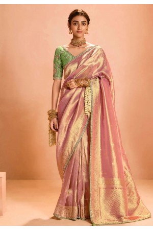 Pink tissue silk saree with blouse 407