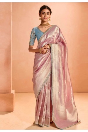 Pink tissue silk saree with blouse 411