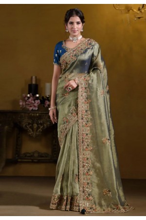 Pista green georgette saree with blouse 25005