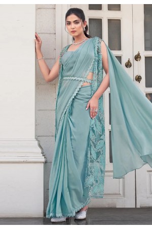 Sea green satin silk saree with blouse 25205