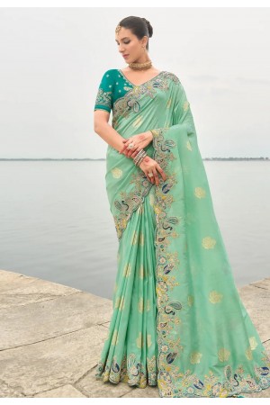 Sea green silk saree with blouse 7008