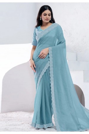 Sky blue silk saree with blouse 44008