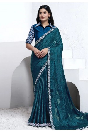 Teal georgette saree with blouse 44003